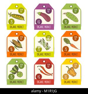 Labels with various vegetables and inscriptions. Stock Vector