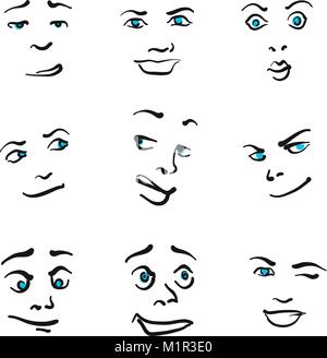 Nine Impressive Emoticon icons, hand drawn facial expressions on white backgound. Vector art illustration. Stock Vector
