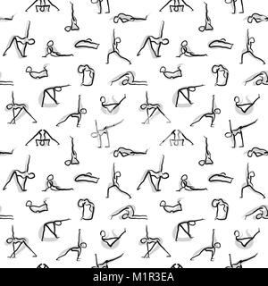 Yoga icons wallpaper design, hand drawn seamless pattern on white backgound. Vector art sketch. Stock Vector