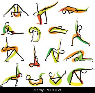 Set of 16 Yoga Doodle Icons. Hand drawn sketches with colored swipe on white backgound. Vector art Stock Vector
