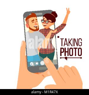 Taking Photo On Smartphone Vector. Smiling People. Modern Friends Taking Vertical Selfie. Hand Holding Smartphone. Camera Viewfinder. Friendship Concept. Isolated Flat Cartoon Illustration Stock Vector