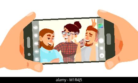 Taking Photo On Smartphone Vector. Smiling People. Modern Friends Taking Horizontal Selfie. Hand Holding Smartphone. Camera Viewfinder. Friendship Concept. Isolated Flat Cartoon Illustration Stock Vector