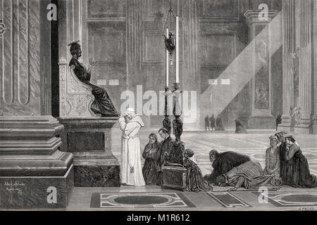 Pope Pius IX at bronze statue of Saint Peter, St. Peter's Basilica, Vatican, Rome, Italy, 19th Century Stock Photo