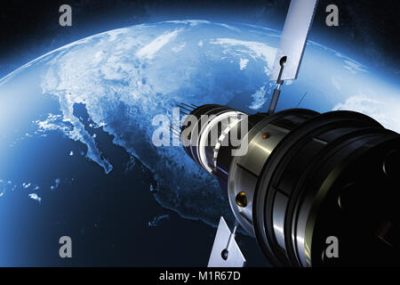 3D render of a satellite orbiting the earth Stock Photo