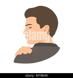 Dandruff on man shoulder. Head, hand, wrist, fingers. Side view. Vector illustration. Stock Vector