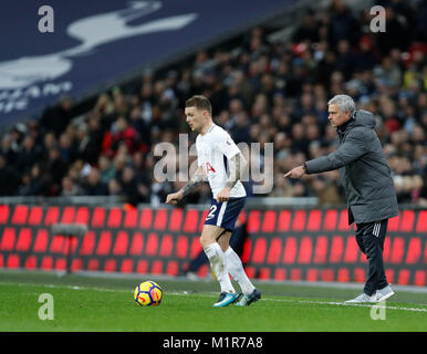 London, English Premier League football match between Tottenham Hotspur and Manchester United at the Wembley Stadium in London. 31st Jan, 2018. Jose Mourinho(R), manager of Manchester United, instructs during the English Premier League football match between Tottenham Hotspur and Manchester United at the Wembley Stadium in London, Britain on Jan. 31, 2018. Hotspur won 2-0. Credit: Han Yan/Xinhua/Alamy Live News Stock Photo