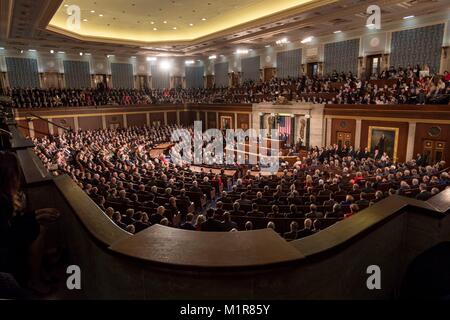 U.S President Donald Trump delivers his first State of the Union address to a joint session of Congress on Capitol Hill January 30, 2018 in Washington, DC. Stock Photo