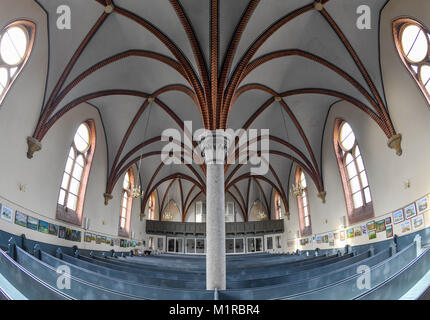 Heinersbrueck, Germany. 1st Feb, 2018. The interior of the village church shows a granite pillar supporting the two cross vault naves in Heinersbrueck, Germany, 1 February 2018. Brandenburg's village church of the month February is situated next to the brown coal opencast mine Jaenschwalde. The neo-gothic buidling was finished in 1901. The sponsoring society 'Old Churches Berlin-Brandenburg' places one church under the spotlight every month. Credit: Patrick Pleul/dpa-Zentralbild/ZB/dpa/Alamy Live News Stock Photo