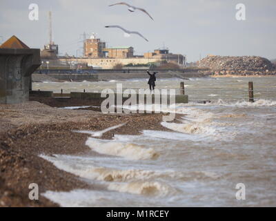 Sheerness, Kent, UK. 1st Feb, 2018. UK Weather: a young woman takes a surge tide selfie as the Neptune Jetty is covered by water during today's surge tide. Sunny spells but with a strong and cold westerly wind. Credit: James Bell/Alamy Live News Stock Photo