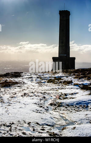 Holcombe Hill, Lancashire, UK. 1st February, 2018. Beautiful cold, crisp and sunny weather on the first day of February at Holcombe Hill, near Bury, Lancashire, as a dusting of snow covers the hill top near the Peel Monument. Built in 1852 this well known Bury landmark was erected in tribute to one of Bury's most famous sons, Sir Robert Peel; founder of the Police force and Prime Minister 1841-1846. Picture by Paul Heyes, Thursday February 01, 2018. Credit: Paul Heyes/Alamy Live News Stock Photo