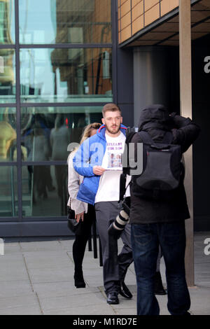 Liverpool, UK. 1st February 2018. Tom Evans 21, the father of seriously ill 20 month old toddler Alfie Evans talks to reporters at Liverpool Family Court after the hearing to determine if his life support should be removed. Credit: Ken Biggs/Alamy Live News. Stock Photo