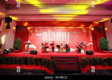 Kuala Lumpur, Malaysia. 1st Feb, 2018. Artists perform during a reception at the Chinese Embassy in Malaysia to celebrate the upcoming Chinese New Year in Kuala Lumpur, Malaysia, on Feb. 1, 2018. Credit: Zhu Wei/Xinhua/Alamy Live News Stock Photo
