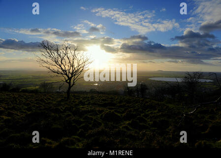 Looking over the small town of Cheddar, Somerset, UK, from the high ground around Cheddar Gorge in winter. Stock Photo