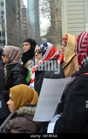 New York City, USA. 01st Feb, 2018. Muslim and non-Muslim women gather at New York City Hall on Thursday, February 1, 2018 to celebrate World Hijab Day. The annual event calls for a day of solidarity with Muslim women to fight bigotry and discrimination and encourages non-muslim women to wear a Hijab in solidarity. Credit: Ryan Rahman/Alamy Live News Stock Photo
