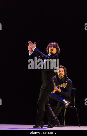 Sadler’s Wells Theatre, London, UK, 1st Feb 2018. Flamenco pioneer and former Ballet Nacional de España dancer Jesús Carmona performs 'Solea Del Campillo', accompanied by Daniel Durado on Guitar and Juan Amador on vocals. Sadler’s Wells’ annual celebration of dance brings together an eclectic mix of extracts from some of the most exciting dance works in ‘Sampled’. Credit: Imageplotter News and Sports/Alamy Live News Stock Photo