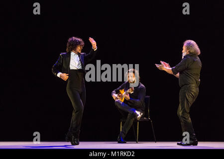 Sadler’s Wells Theatre, London, UK, 1st Feb 2018. Flamenco pioneer and former Ballet Nacional de España dancer Jesús Carmona performs 'Solea Del Campillo', accompanied by Daniel Durado on Guitar and Juan Amador on vocals. Sadler’s Wells’ annual celebration of dance brings together an eclectic mix of extracts from some of the most exciting dance works in ‘Sampled’. Credit: Imageplotter News and Sports/Alamy Live News Stock Photo
