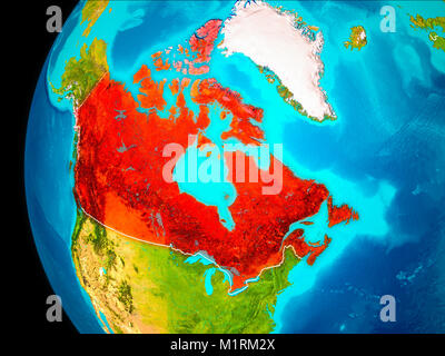 Canada as seen from Earth’s orbit on planet Earth highlighted in red with visible borders. 3D illustration. Elements of this image furnished by NASA. Stock Photo