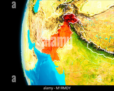 Pakistan as seen from Earth’s orbit on planet Earth highlighted in red with visible borders. 3D illustration. Elements of this image furnished by NASA Stock Photo