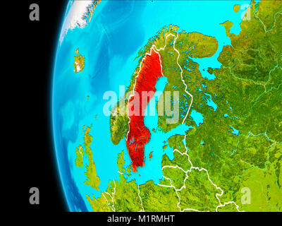Sweden as seen from Earth’s orbit on planet Earth highlighted in red with visible borders. 3D illustration. Elements of this image furnished by NASA. Stock Photo