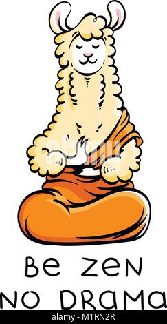 Cute meditating furry llama. Vector cartoon illustration on a white background with motivational lettering. Be zen and no drama. Stock Vector