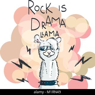 Cute card with cartoon llama. Motivational and inspirational quote. Doodling illustration. Rock is drama, llama Stock Vector