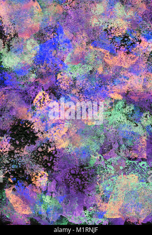 Black, purple and green textured daubs of acrylic paint, abstract background Stock Photo