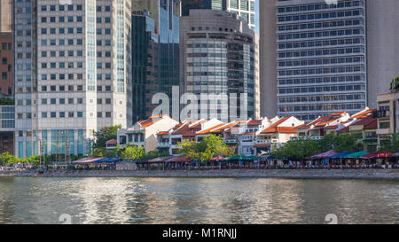 Traditional shophouses at Boat Quay, a historical quay in Singapore, situated upstream from the mouth of the Singapore River on its southern bank. Stock Photo