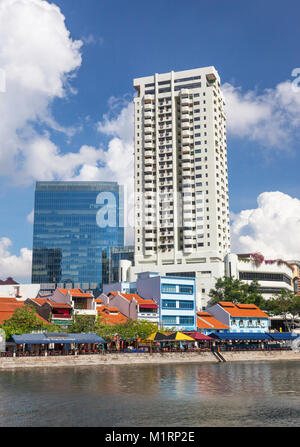 Traditional shophouses at Boat Quay, a historical quay in Singapore, situated upstream from the mouth of the Singapore River on its southern bank. Stock Photo