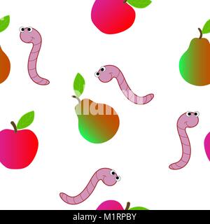 Seamless texture for kids consists of cartoon of a worm in the fruit. Stock Vector