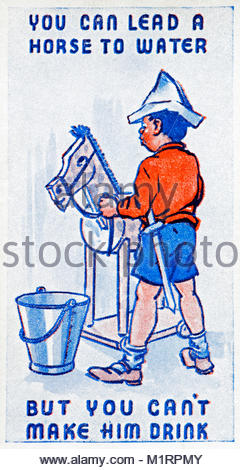 You can lead a Horse to Water but you can't make him Drink proverb illustration 1938 Stock Photo