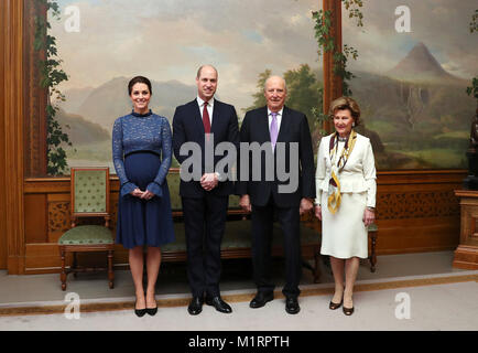 (Left-right) The Duke and Duchess of Cambridge, King Harald and Queen Sonja of Norway ahead of a lunch at the Royal Palace in Oslo, Norway. Stock Photo