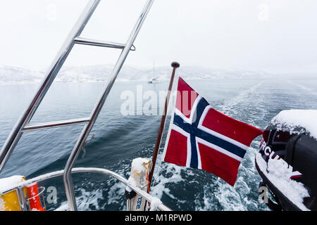 Norway. Detail view of Norwegian flag on boat. Stock Photo