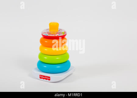 London, UK. Child's Fisher-Price Brilliant Basics Rock-a-Stack against white background. Stock Photo