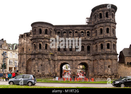 Porta Nigra with Marx Installation in Trier Germany Stock Photo