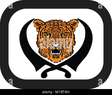 Tiger head with fangs and crossed swords. Sketch for tattoo, isolated, button, vector Stock Vector