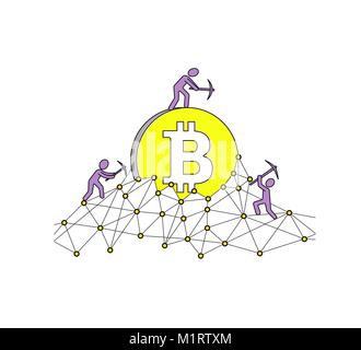 Bitcoin mining concept and earning cryptocurrency. Vector illustration. Blockchain technology Stock Vector