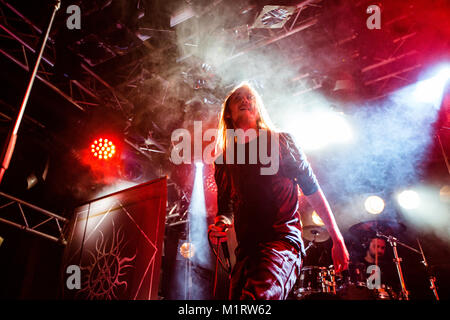 Norway, Bergen - October 06, 2017. The Norwegian black metal band Fleshmeadow performs a live concert at Det Akademiske Kvarter in Bergen. Here vocalist Fabian Jiru is seen live on stage. (Photo credit: Gonzales Photo - Jarle H. Moe). Stock Photo