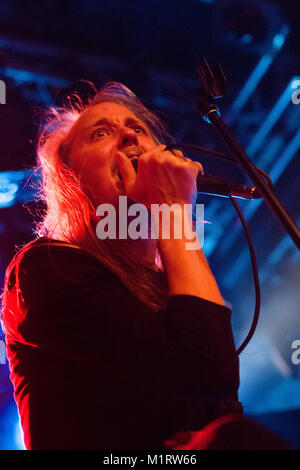 Norway, Bergen - October 06, 2017. The Norwegian black metal band Fleshmeadow performs a live concert at Det Akademiske Kvarter in Bergen. Here vocalist Fabian Jiru is seen live on stage. (Photo credit: Gonzales Photo - Jarle H. Moe). Stock Photo