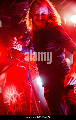 Norway, Bergen - October 06, 2017. The Norwegian black metal band Fleshmeadow performs a live concert at Det Akademiske Kvarter in Bergen. Here vocalist Fabian Jiru is seen live on stage. (Photo credit: Gonzales Photo - Jarle H. Moe). Stock Photo