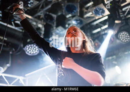 Norway, Bergen - October 06, 2017. The Norwegian black metal band Fleshmeadow performs a live concert at Det Akademiske Kvarter in Bergen. Here vocalist Fabian Jiru is seen live on stage. (Photo credit: Gonzales Photo - Jarle H. Moe). Stock Photo