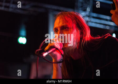 Norway, Bergen - October 06, 2017. The Norwegian black metal band Fleshmeadow performs a live concert at Det Akademiske Kvarter in Bergen. Here vocalist Fabian Jiru is seen live on stage. (Photo credit: Gonzales Photo - Jarle H. Moe). Stock Photo