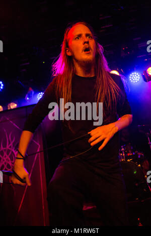 Norway, Bergen - October 06, 2017. The Norwegian black metal band Fleshmeadow performs a live concert at Det Akademiske Kvarter in Bergen. Here vocalist Fabian Jiru is seen live on stage. (Photo credit: Gonzales Photo - Jarle H. Moe). Stock Photo