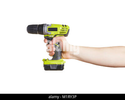 A man's hand holds an electric tool for repairing a drill screwdriver. Concept of construction. Objects isolated on white background Stock Photo