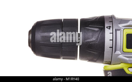 Keyless drill chuck modern screwdriver close-up. Object isolated on white background Stock Photo