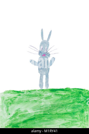Child's drawing watercolor grey rabbit on a green meadow Stock Photo