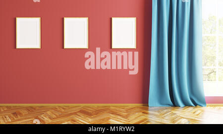 Empty interior background of living room with three poster frames on wall 3d render Stock Photo