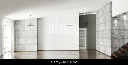 Empty interior of apartment, modern living room, hall, staircase 3d rendering Stock Photo