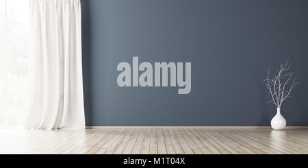 Empty interior background, room with blue wall, vase with branch and window 3d rendering Stock Photo