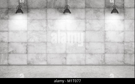 Interior background of a room with concrete tiled wall, beton floor and lamps 3d rendering Stock Photo