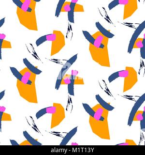 Paint brushstrokes on white chaotic ornament seamless pattern. Stock Vector